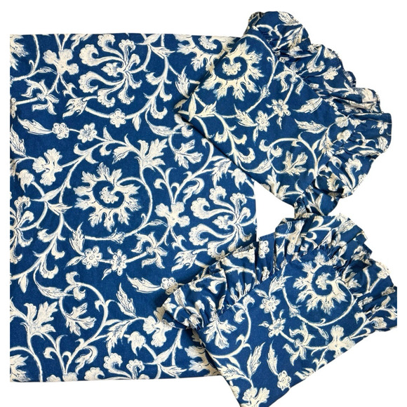 Ralph Lauren Persimmon Blue & White Floral Queen Duvet Cover 2 Shams Block Print - Picture 1 of 16
